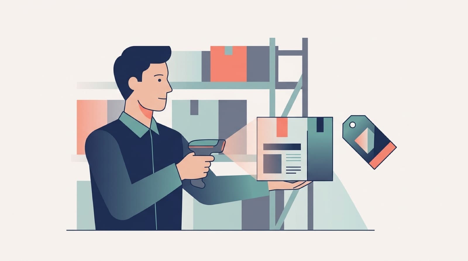 Ilustração de leitor escaneando produto com etiqueta de classificação, representando o código CEST