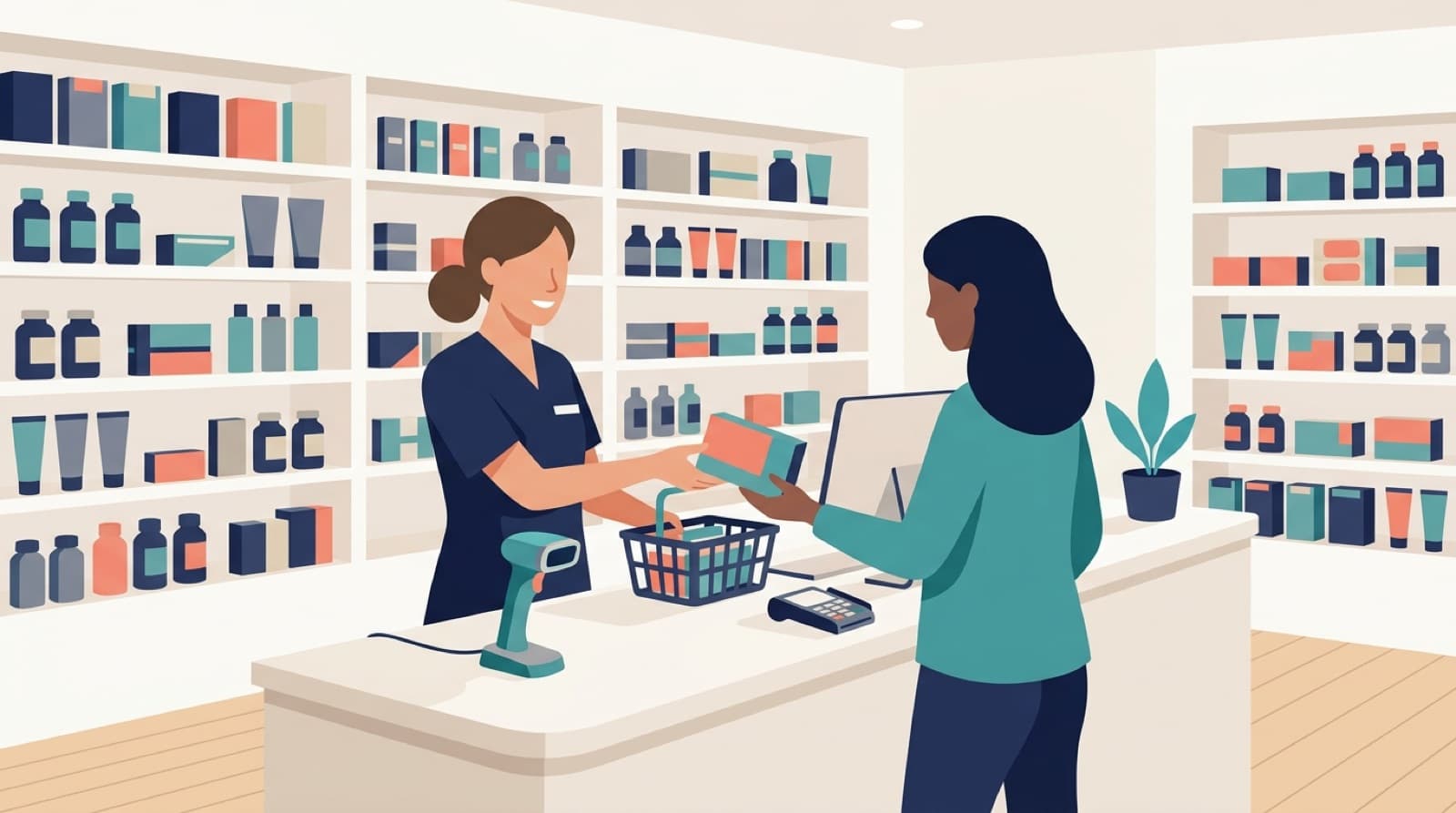 Ilustração de farmacêutico registrando venda no caixa de uma drogaria moderna