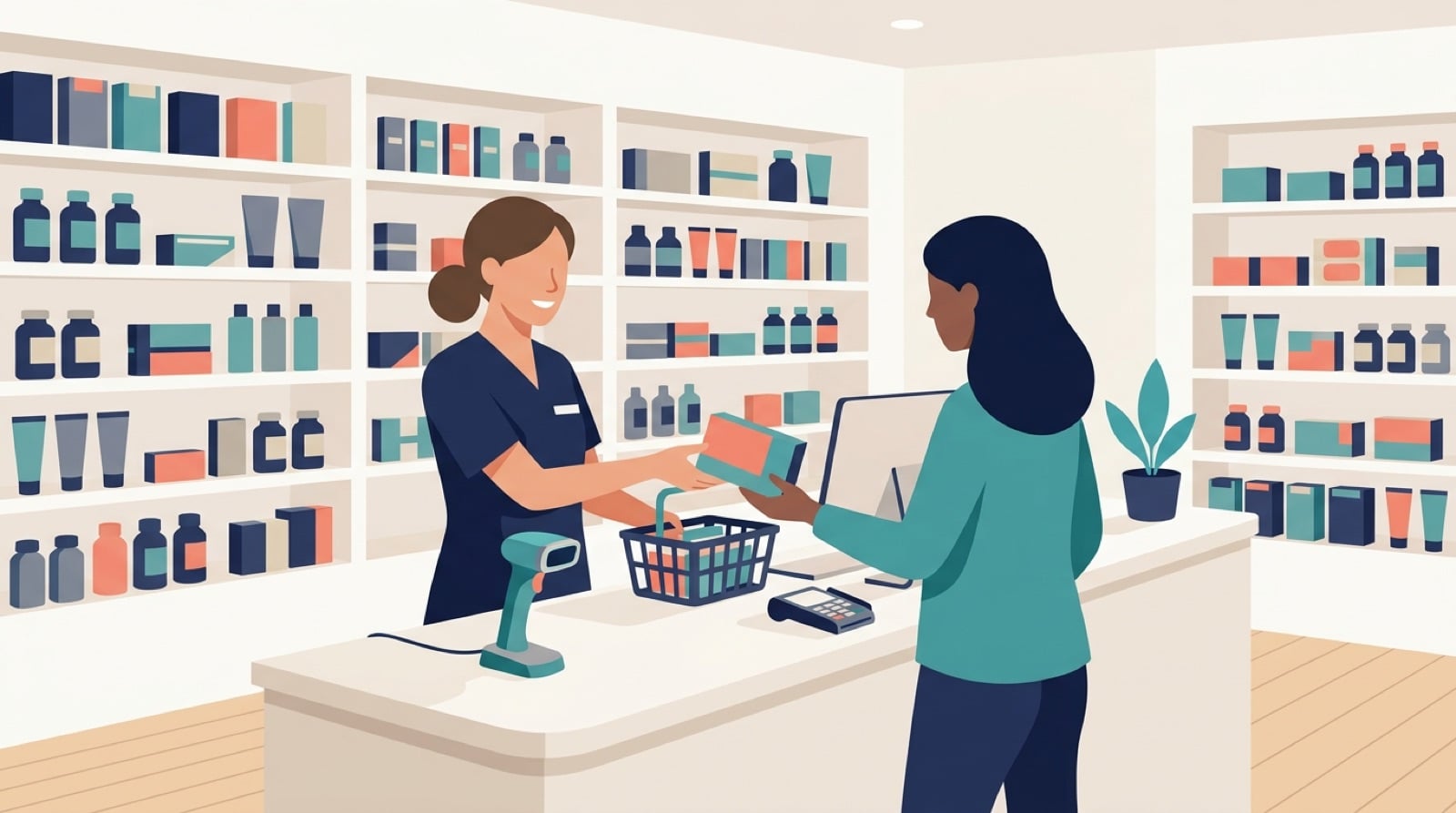 Ilustração de farmacêutico registrando venda no caixa de uma drogaria moderna