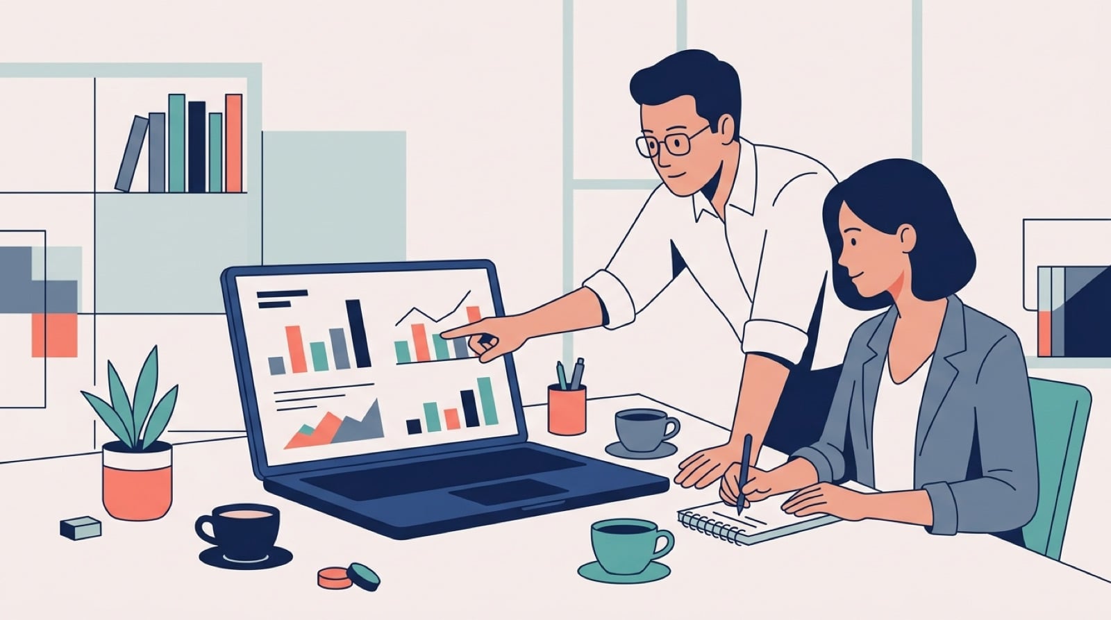 Ilustração de contador e varejista analisando gráficos de resultados no notebook