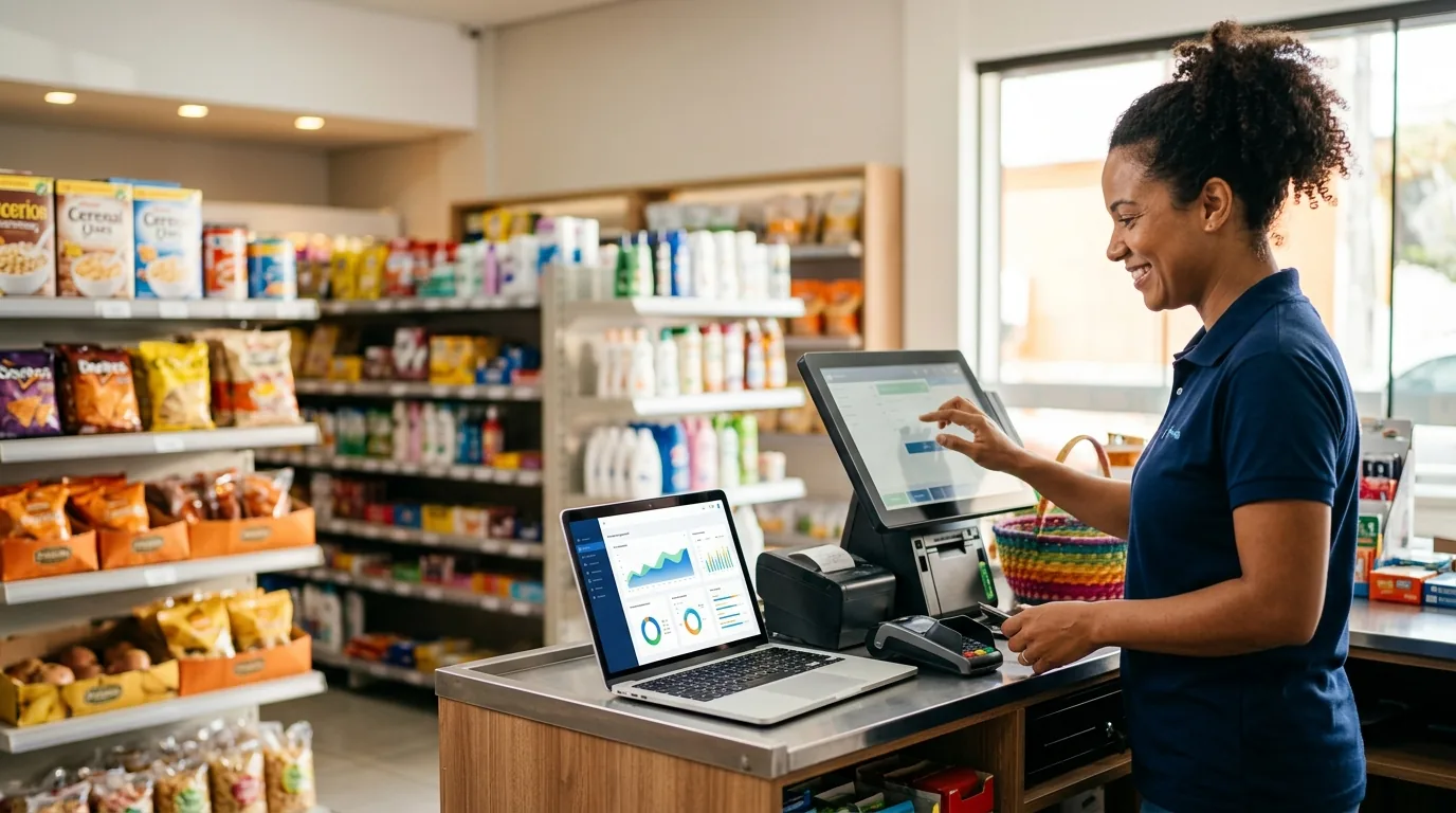 Lojista operando o PDV em uma loja de varejo, com um notebook ao lado exibindo painéis de gestão (ERP).