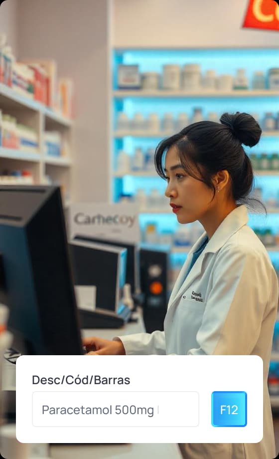 Uma farmacêutica realizando pesquisa de produtos no ERP