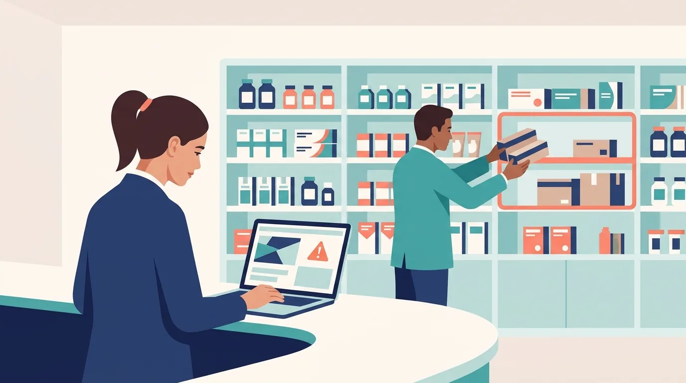 Farmacêutica confere um aviso oficial no notebook do balcão enquanto um colega separa caixas da prateleira para uma área de quarentena