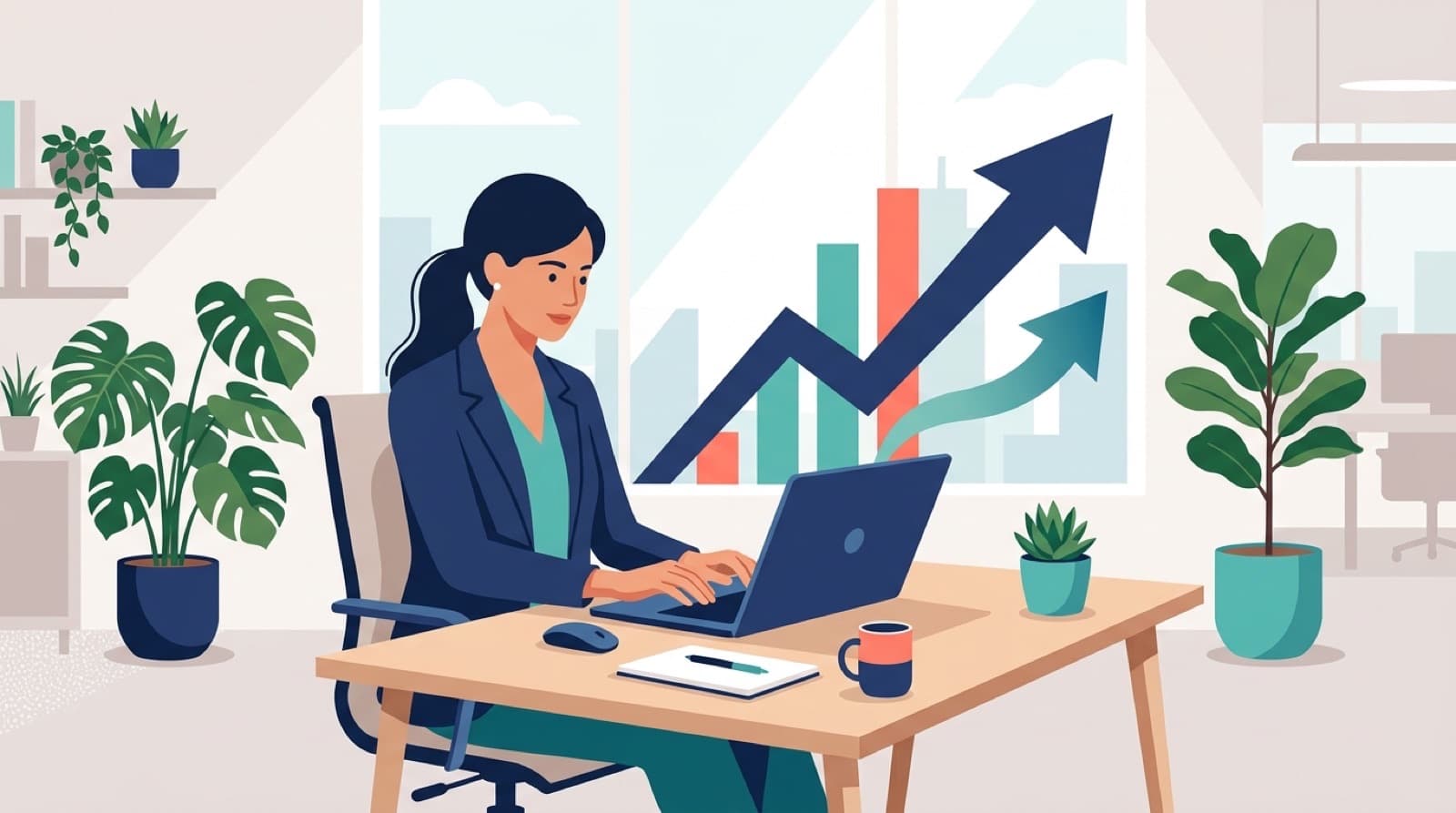 Ilustração de contador com gráfico de crescimento saindo do notebook, representando nova receita do escritório