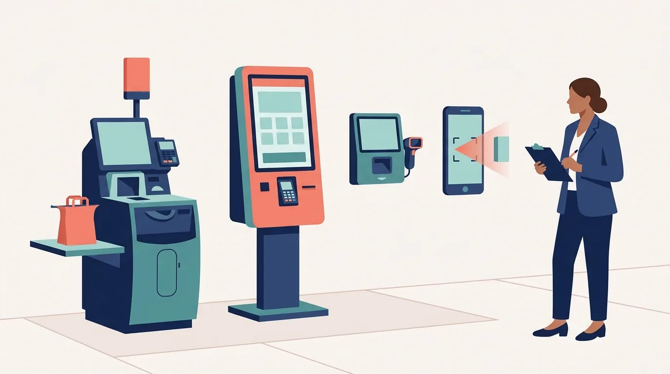 Ilustração comparando quatro tipos de equipamentos de autoatendimento lado a lado