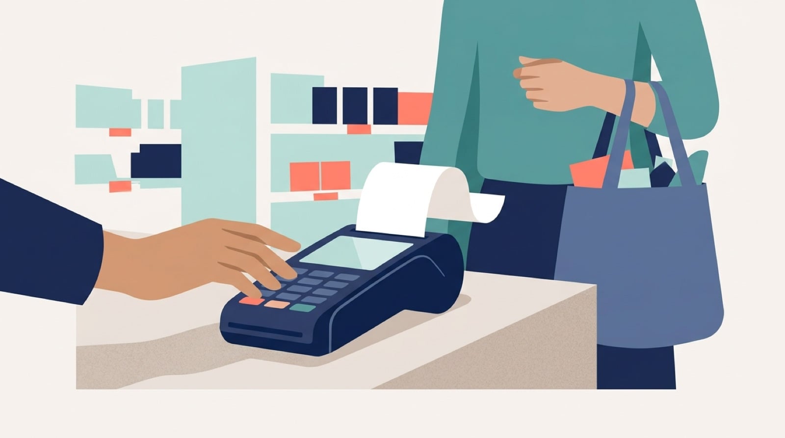 Ilustração de terminal de caixa emitindo cupom fiscal em uma loja