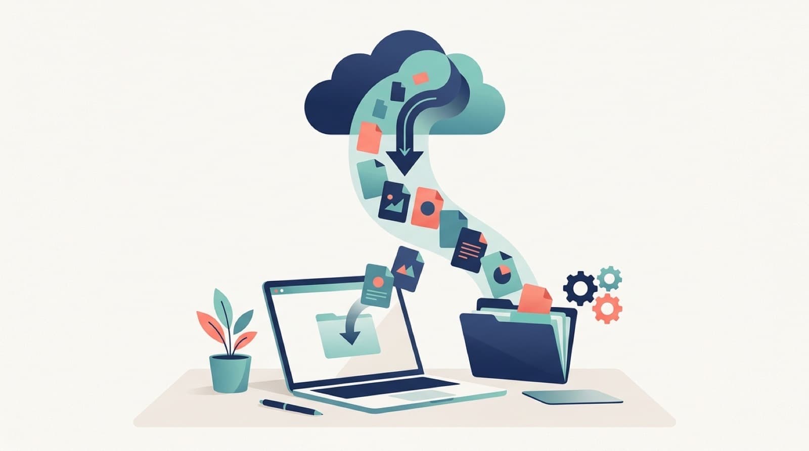 Ilustração de arquivos XML baixando automaticamente da nuvem para o computador do contador