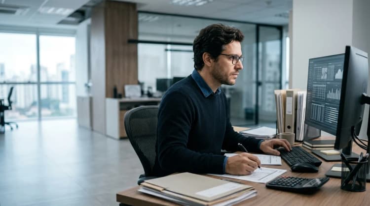 Contador gerando e conferindo arquivos do SPED Fiscal no computador.