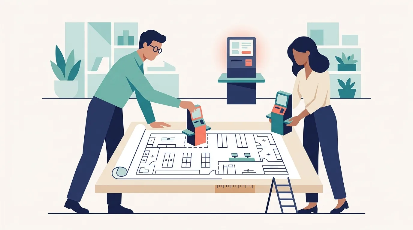Ilustração de profissionais posicionando terminais de self checkout sobre a planta de um supermercado, representando o projeto de implantação