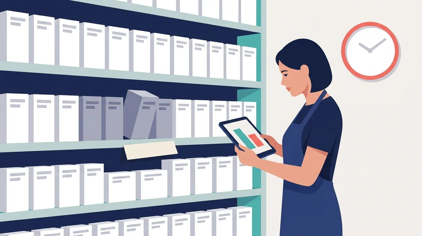 Ilustração de um gerente de loja diante de uma gôndola com uma fileira de produtos parados, olhando em um tablet um gráfico com uma barra subindo e outra caindo, representando os sinais de precificação errada no varejo