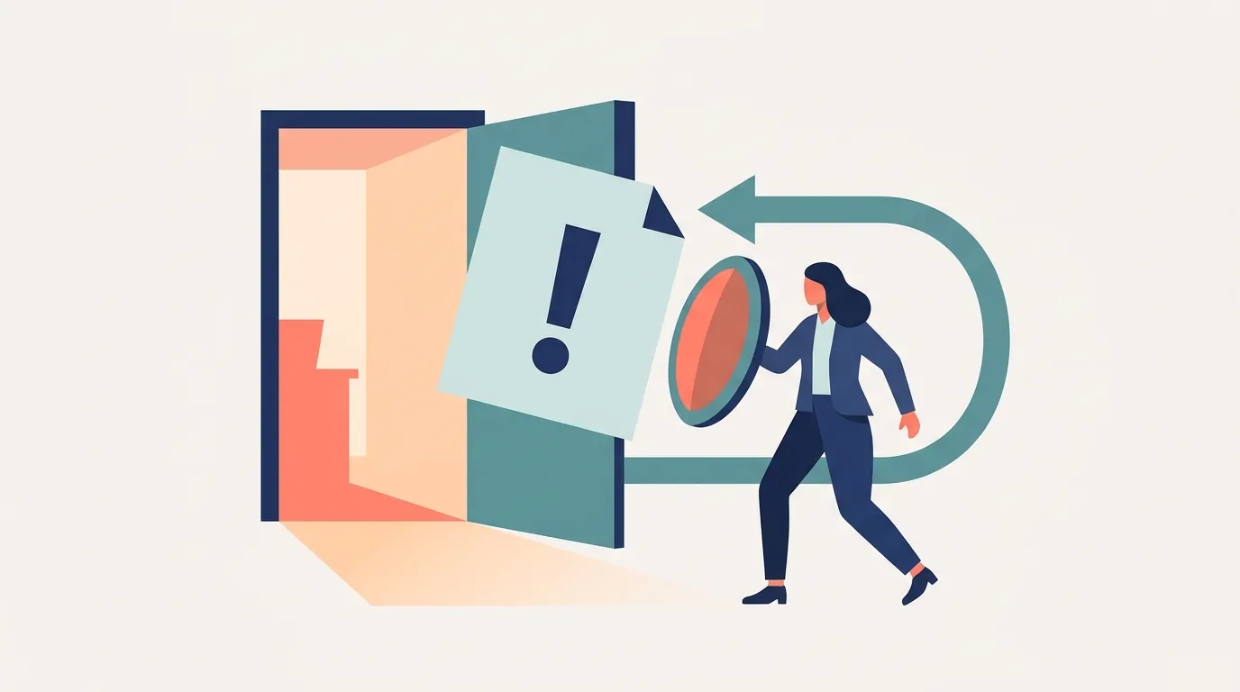 Ilustração de profissional com escudo diante de um aviso e um caminho de volta à porta, representando a exclusão do Simples Nacional e o retorno ao regime
