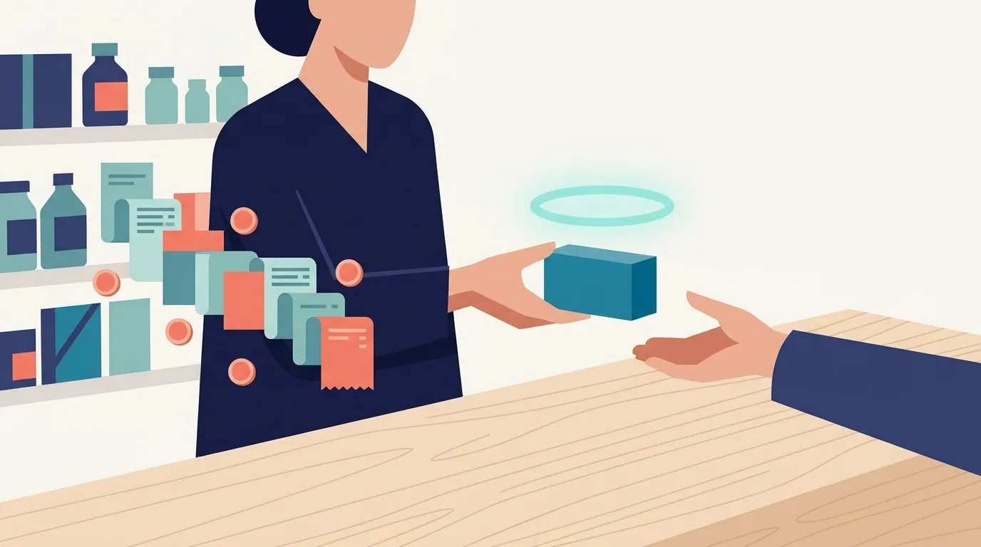 Ilustração de medicamento entregue no balcão de farmácia com créditos retornando ao estabelecimento, representando a alíquota zero de IBS e CBS com manutenção de crédito