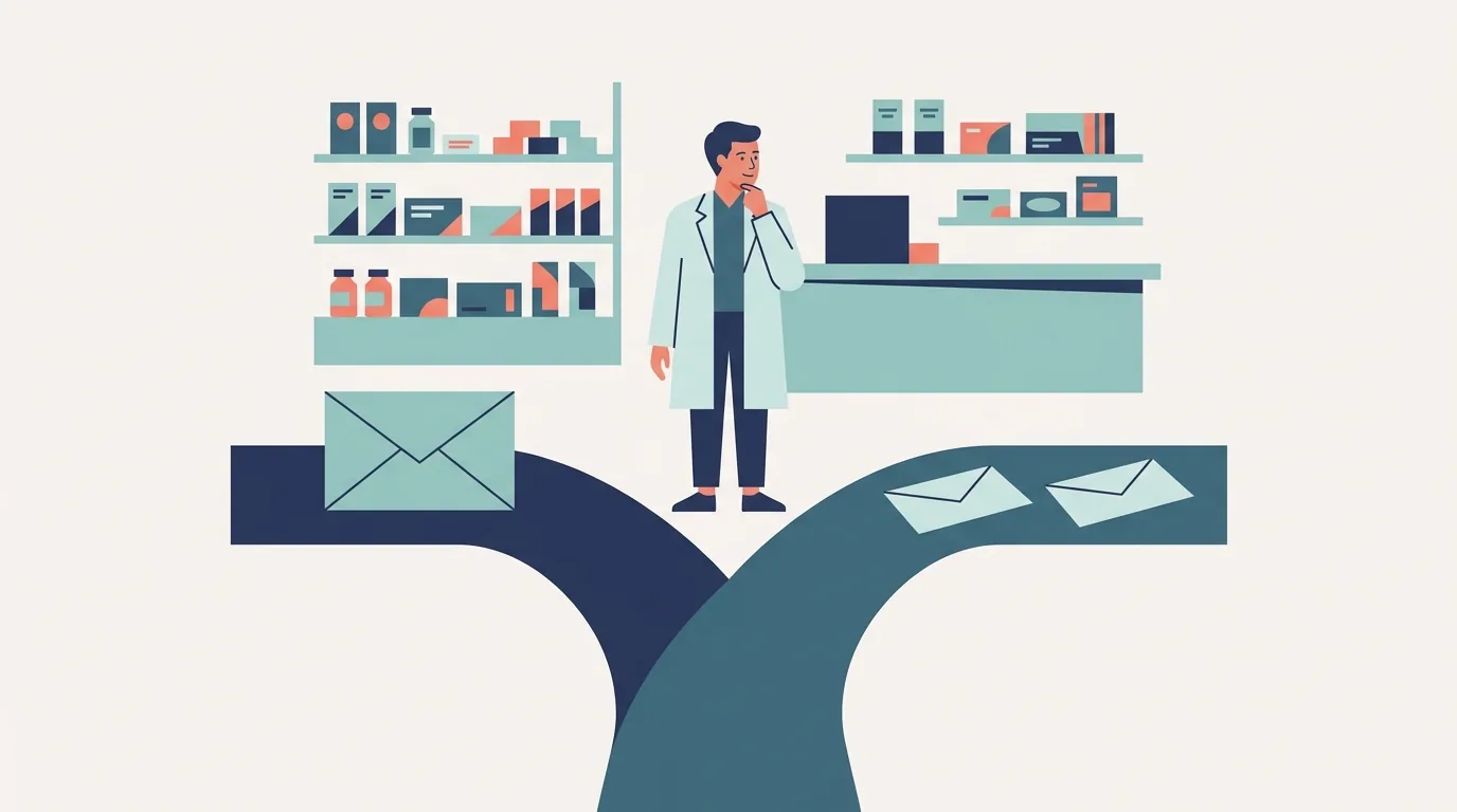 Ilustração de farmacêutica diante de um caminho que se divide em duas rotas, representando a escolha entre manter IBS e CBS na guia única ou apurá-los pelo regime regular