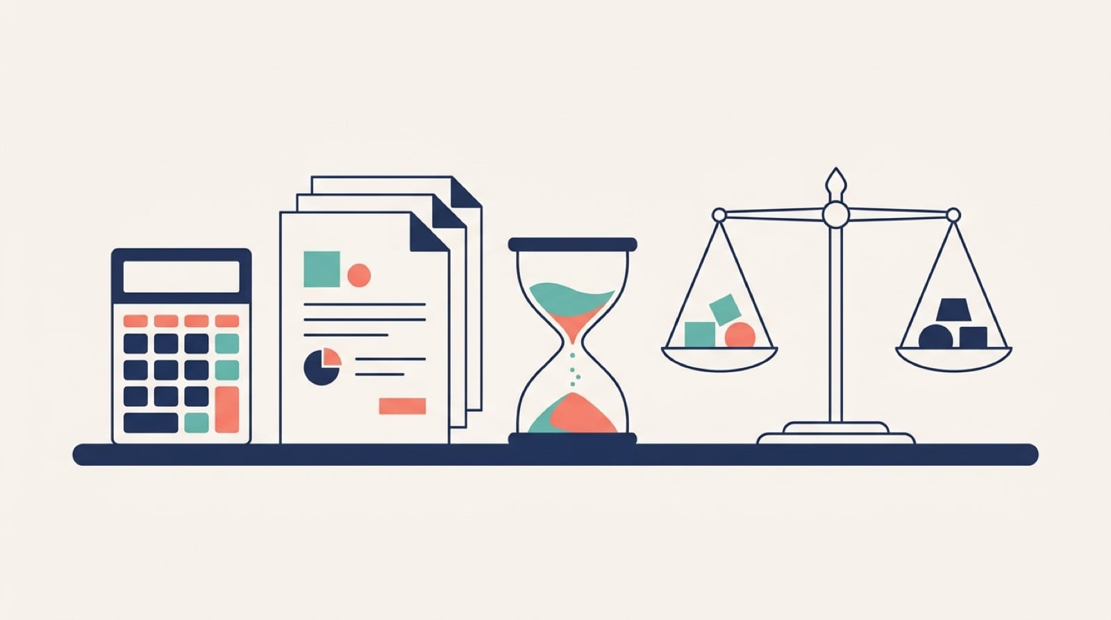 Ilustração de calculadora, ampulheta e balança, representando a precificação de honorários contábeis