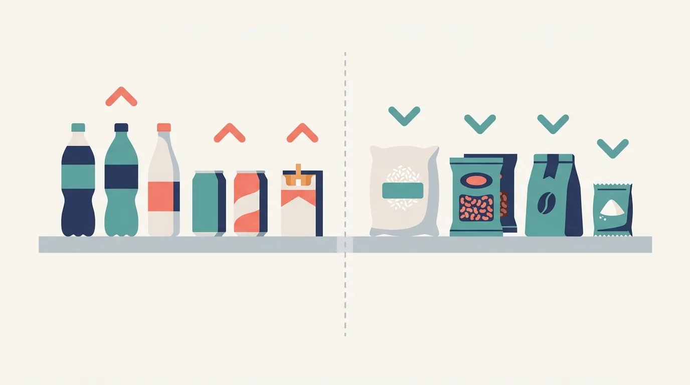 Ilustração de uma gôndola de supermercado dividida em dois lados, com bebidas e cigarro sinalizados para cima e itens da cesta básica sinalizados para baixo, representando o Imposto Seletivo e a alíquota zero