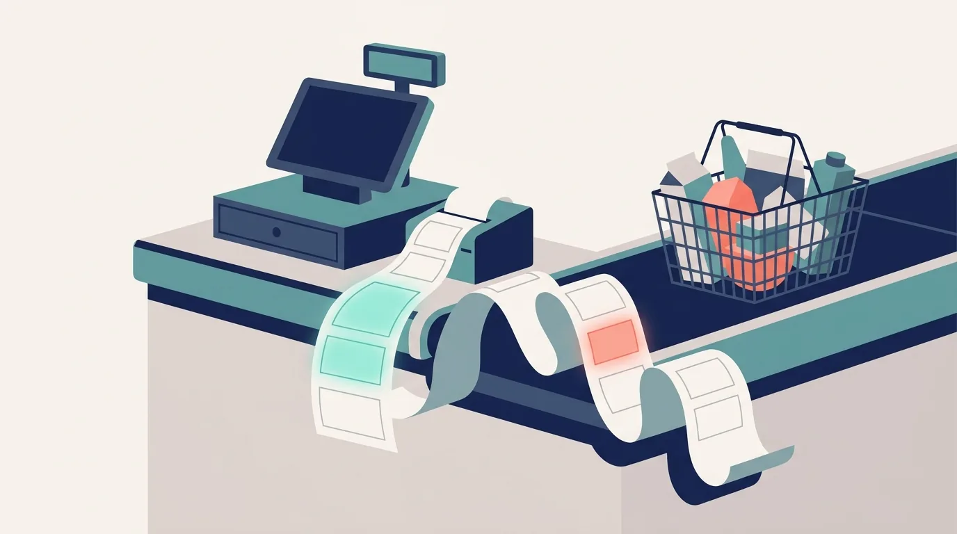 Ilustração de um caixa de supermercado emitindo cupom fiscal com campos destacados, representando os novos campos de IBS e CBS exigidos na NFC-e