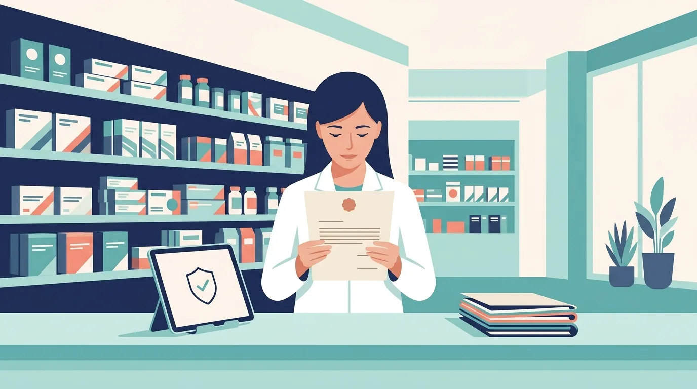 Ilustração de uma farmacêutica no balcão de uma farmácia moderna lendo com calma um ofício impresso, com um tablet mostrando um escudo com sinal de verificação, representando a orientação preventiva do Farmácia Popular