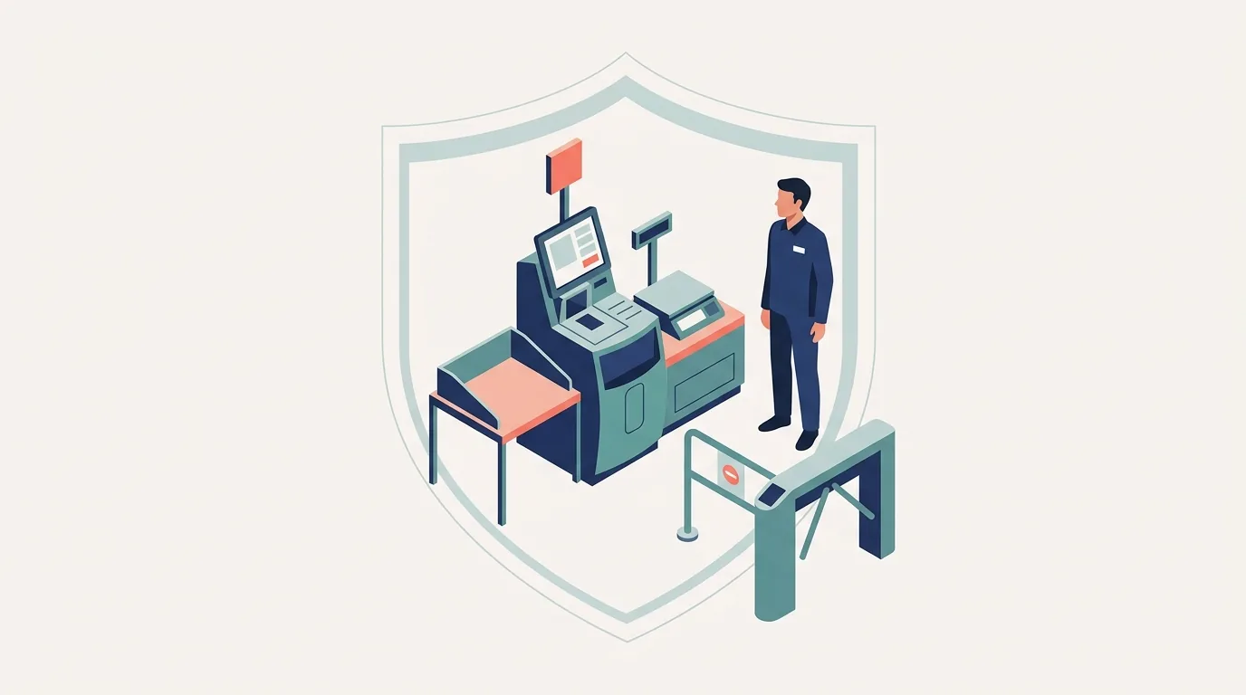 Ilustração de estação de self checkout protegida por balança de conferência, monitor e catraca de saída, representando a prevenção de perdas