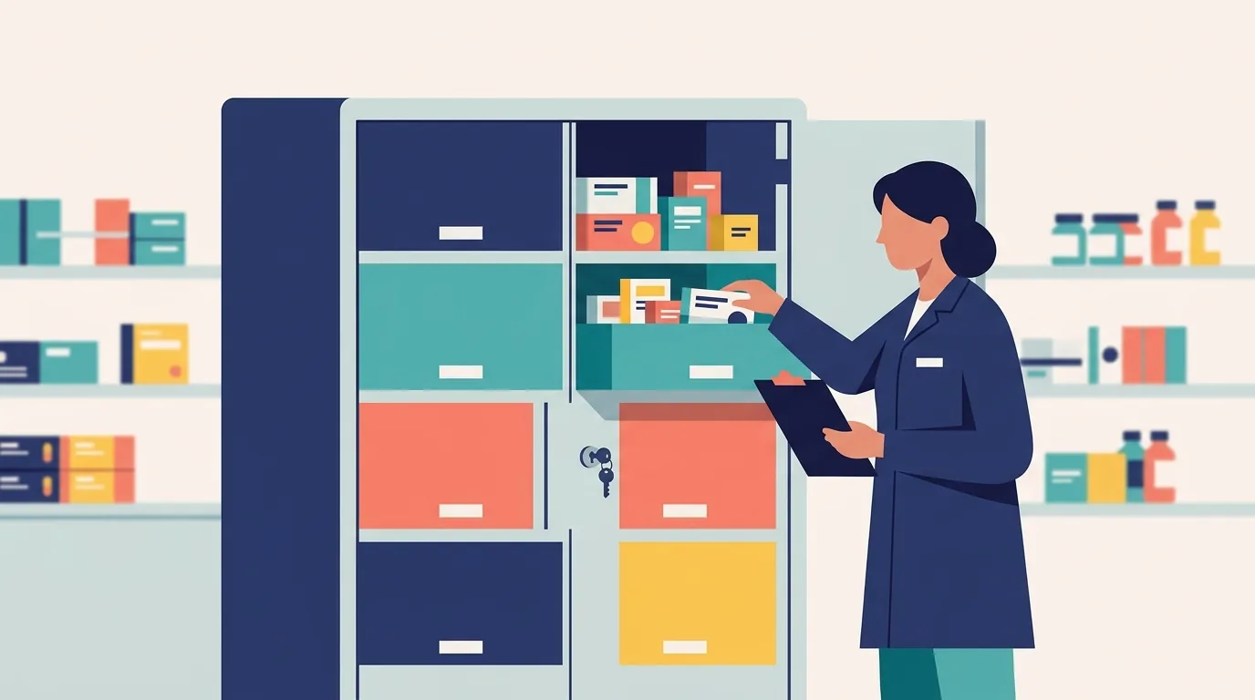 Farmacêutico organiza caixas de medicamentos em um armário trancado com divisórias por cor