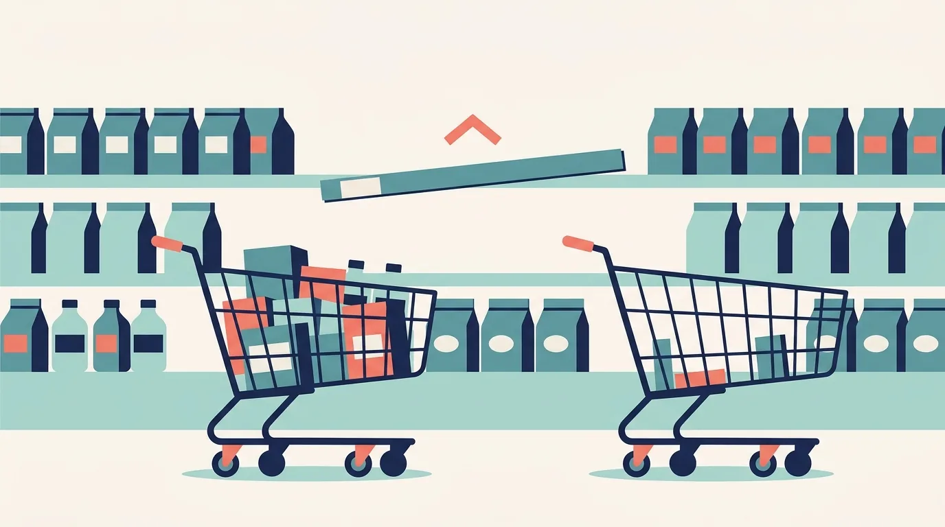 Ilustração de dois carrinhos de supermercado lado a lado, um cheio e outro quase vazio, diante de uma gôndola com a etiqueta de prateleira apontando para cima, representando o repasse de preço e a queda de unidades