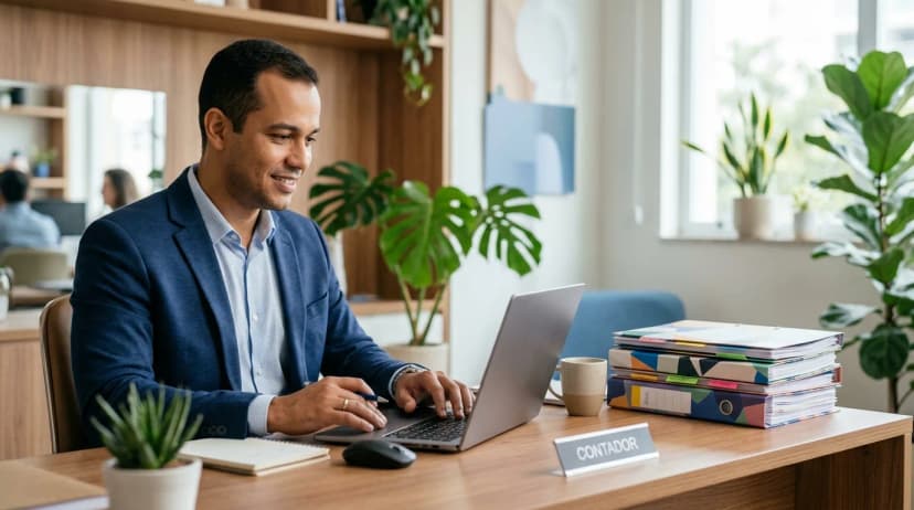 Contador revisando dados fiscais organizados no notebook em um escritório contábil moderno.
