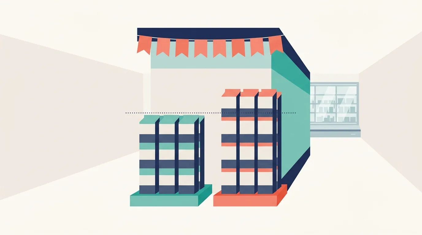 Ilustração de uma ponta de gôndola com bandeirolas de promoção e duas pilhas do mesmo produto quase da mesma altura, uma sobre base azul e outra sobre base coral, representando a venda base e a venda incremental