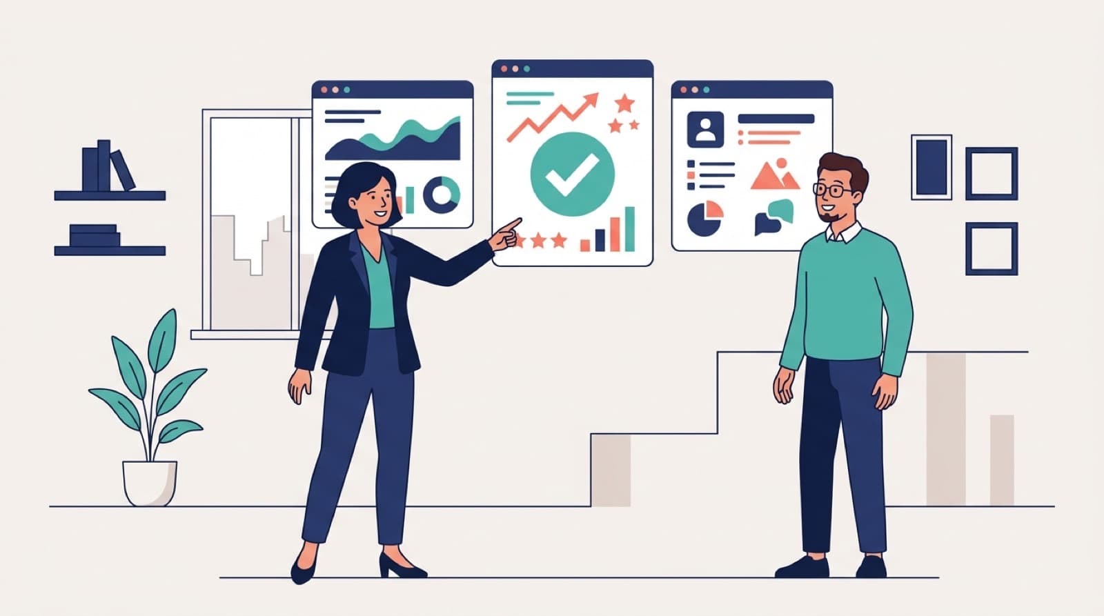Ilustração de contador recomendando um sistema de gestão entre opções para um cliente lojista