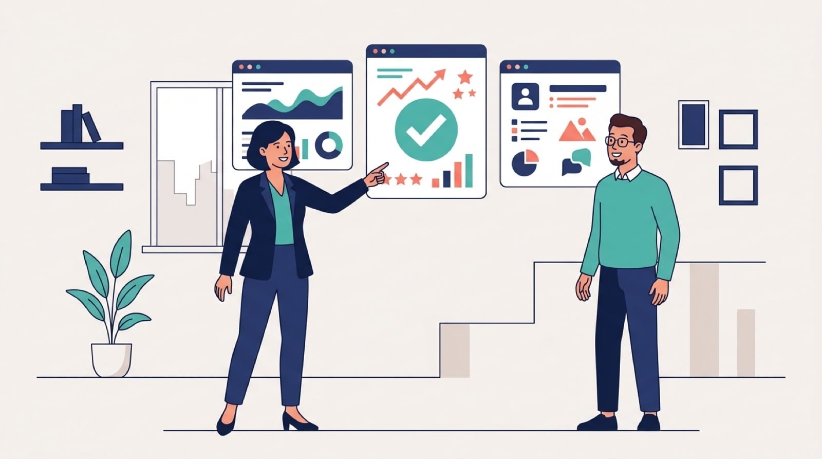 Ilustração de contador recomendando um sistema de gestão entre opções para um cliente lojista