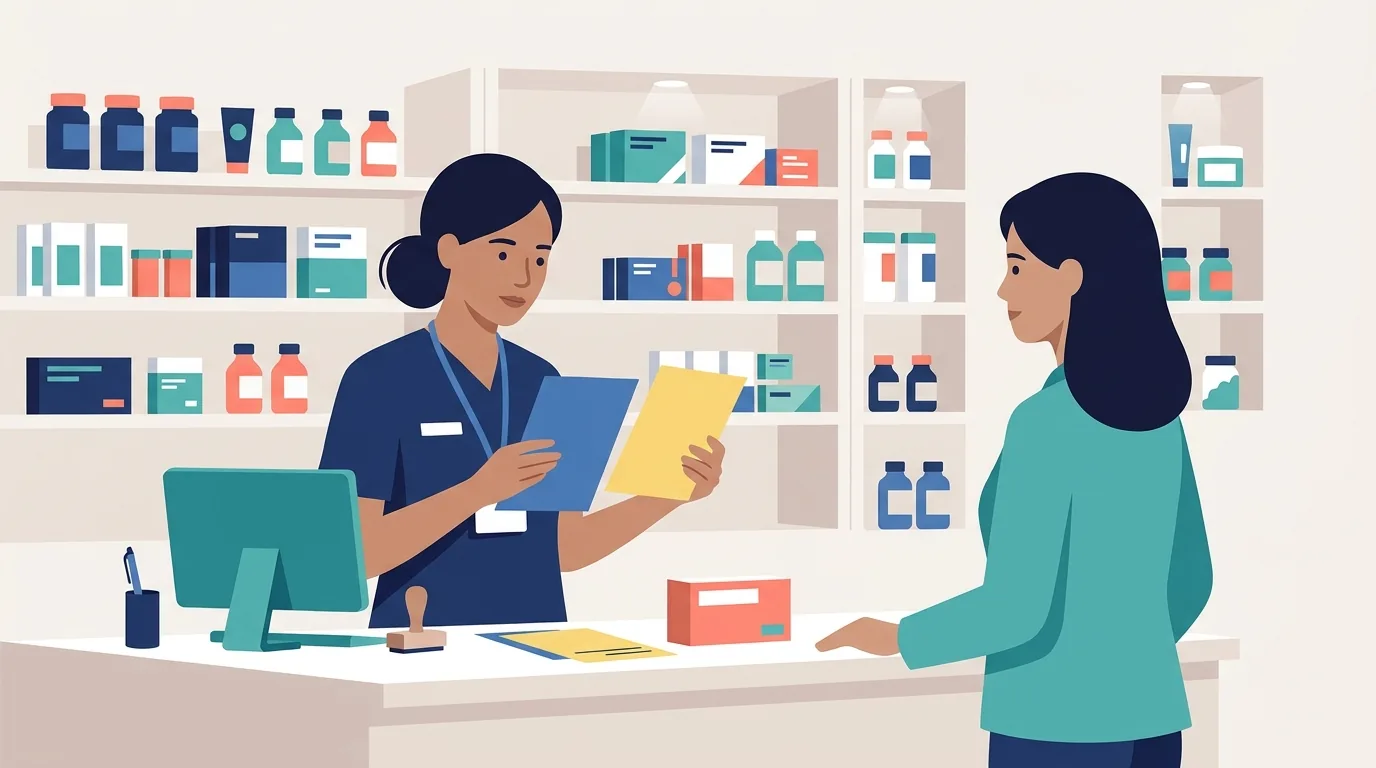 Farmacêutica confere no balcão duas receitas de cores diferentes, azul e amarela, entregues por um cliente