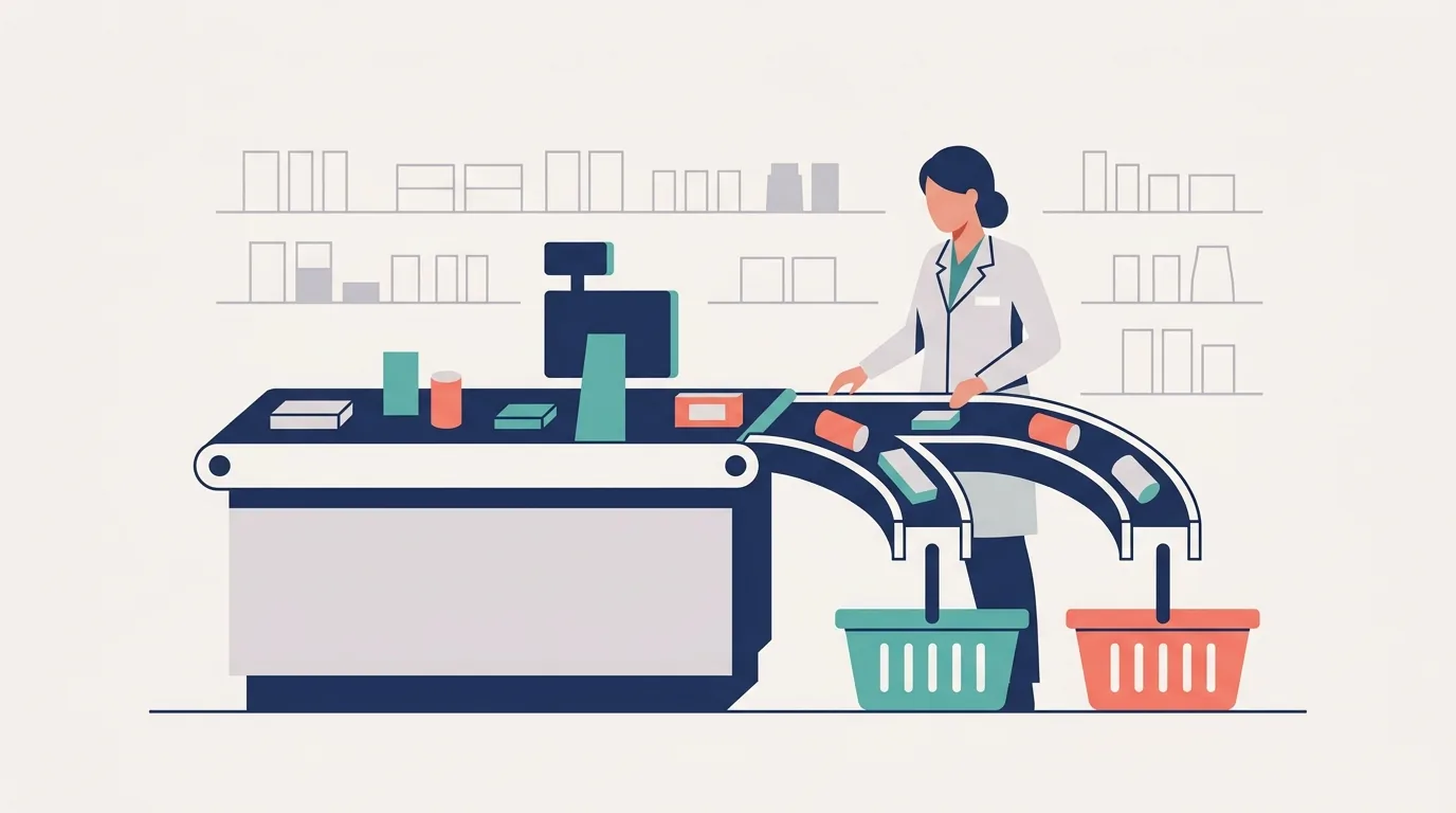Ilustração de produtos se dividindo em duas cestas no caixa de uma farmácia, representando a segregação de receitas com substituição tributária e monofásicos