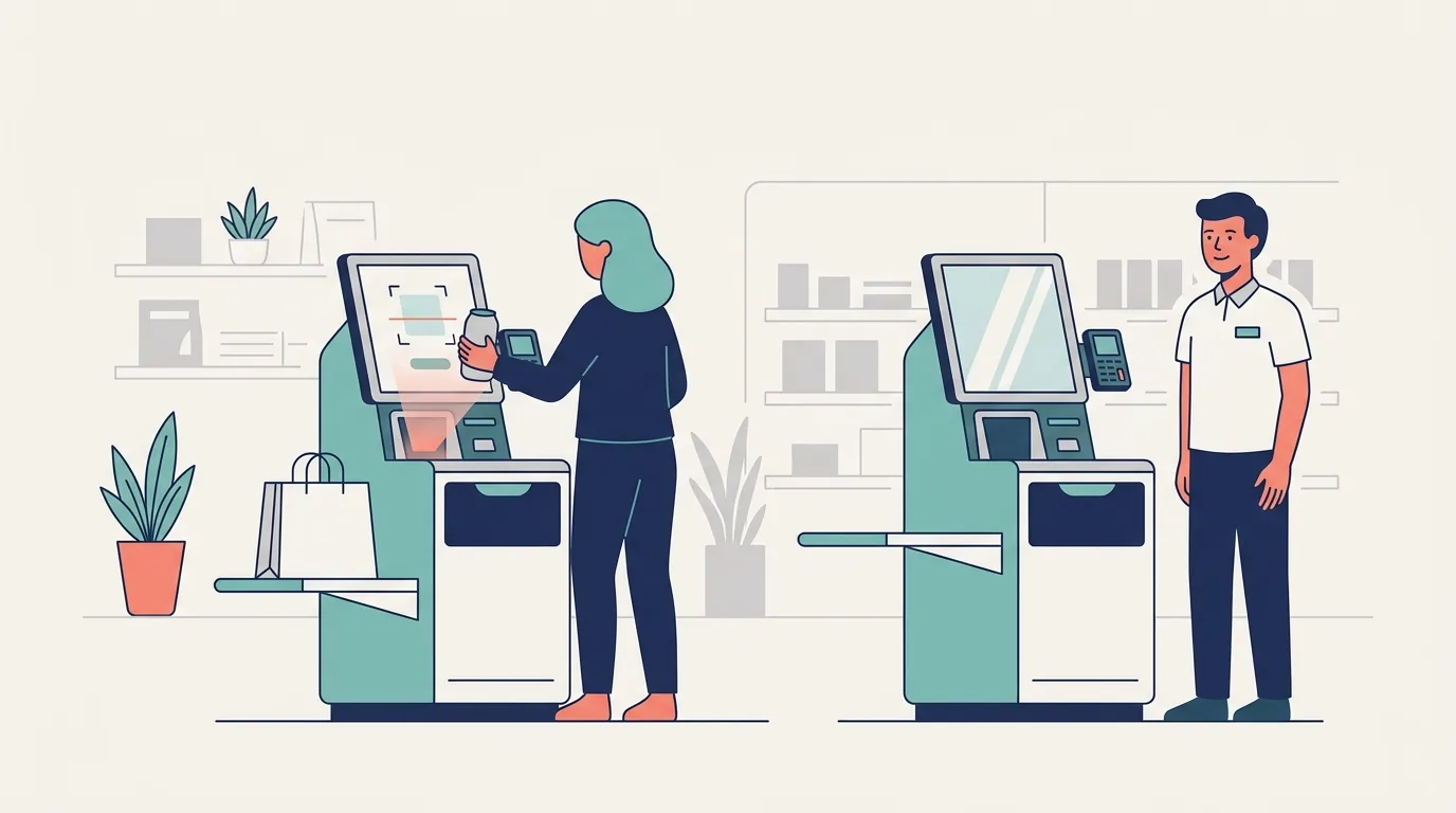 Ilustração de cliente escaneando um produto em um terminal de self checkout no supermercado