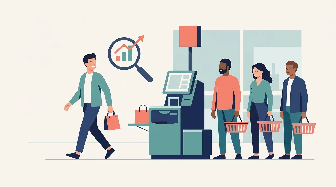 Ilustração de cliente satisfeito no self checkout com gráficos em alta, representando as vantagens medidas por pesquisas
