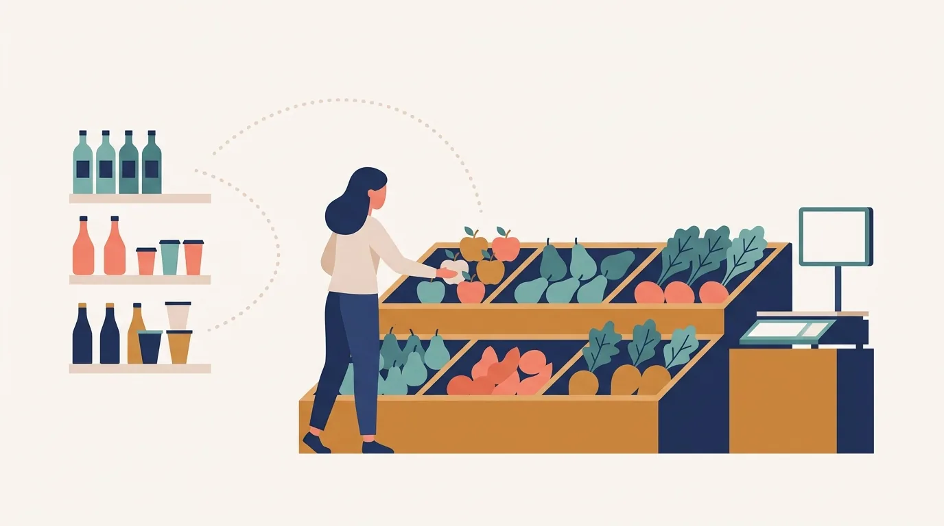 Ilustração da seção de hortifrúti de um supermercado com bancadas organizadas e um caminho ligando as frutas à seção de laticínios, representando a coexistência de categorias na cesta