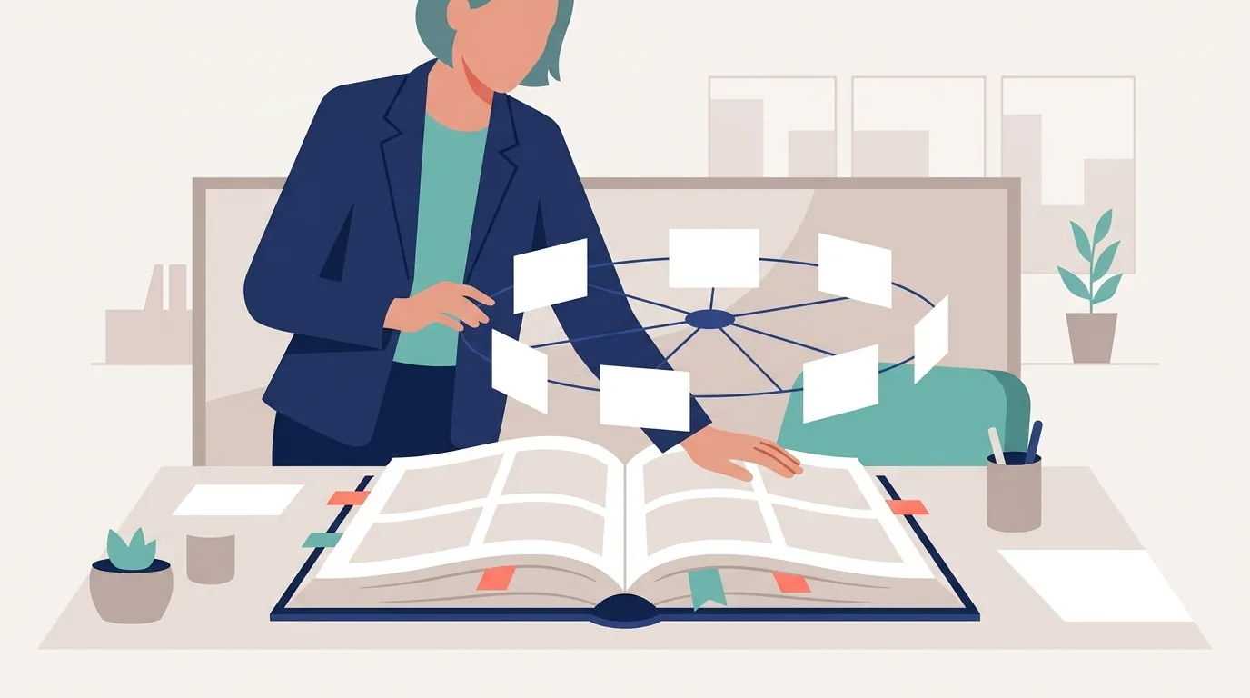 Ilustração de um grande manual aberto com marcadores coloridos e cartões conectados, representando o guia de perguntas e respostas do Simples Nacional