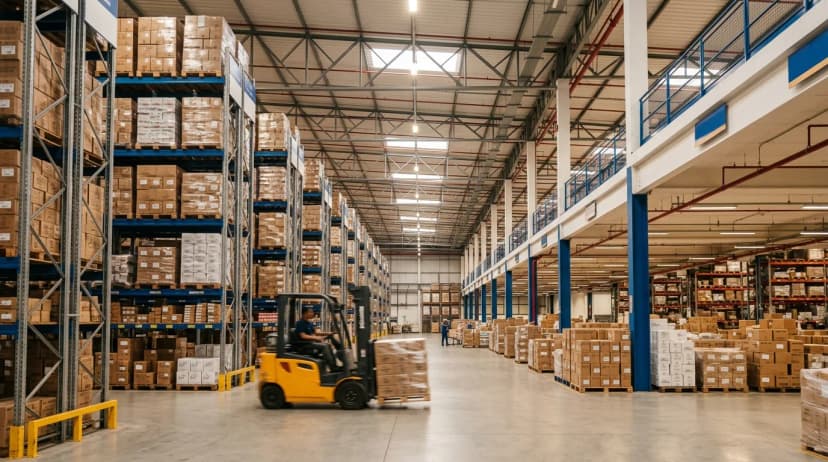 Galpão de atacado moderno com prateleiras altas e mercadorias paletizadas organizadas