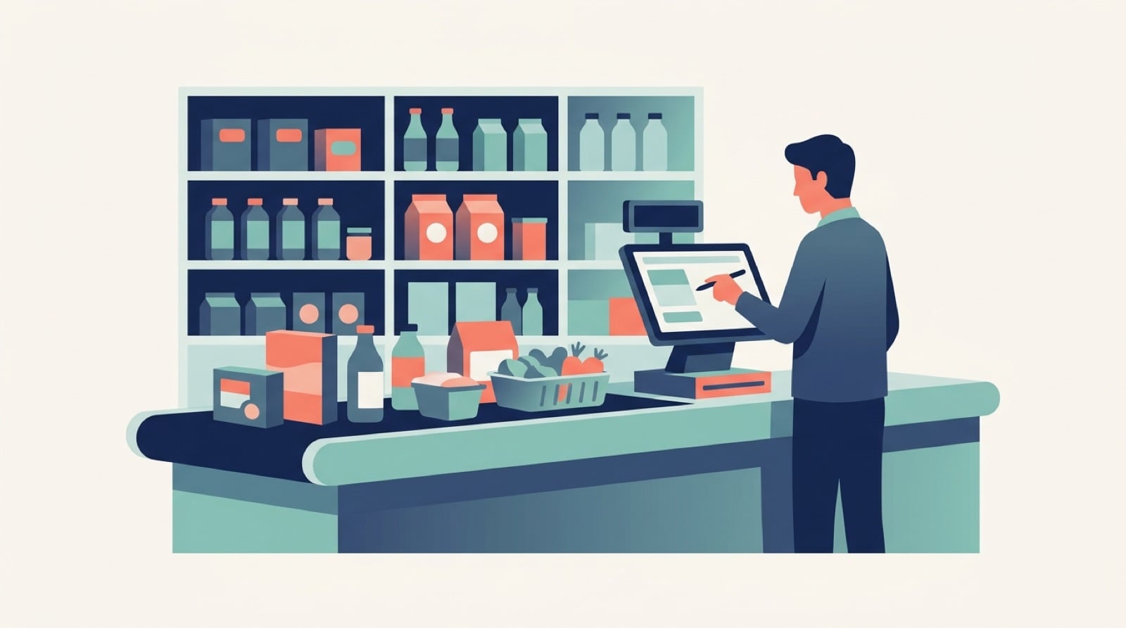 Ilustração de caixa de supermercado com terminal touchscreen, representando o CSOSN no Simples Nacional