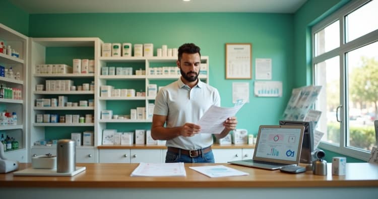 Dono de pequena farmácia analisando planejamento em frente ao balcão
