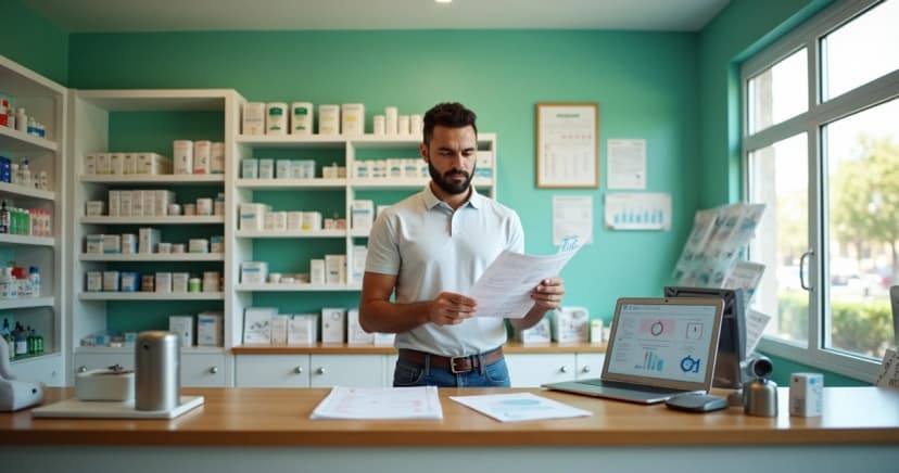 Dono de pequena farmácia analisando planejamento em frente ao balcão