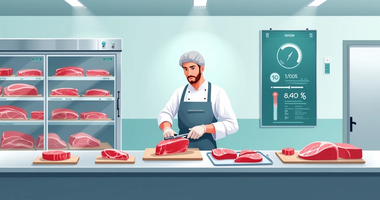Açougueiro organizando carnes com controle de estoque em painel digital