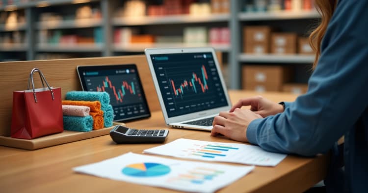 Representação de análise de precificação no varejo com gráficos, calculadora e prateleira de produtos