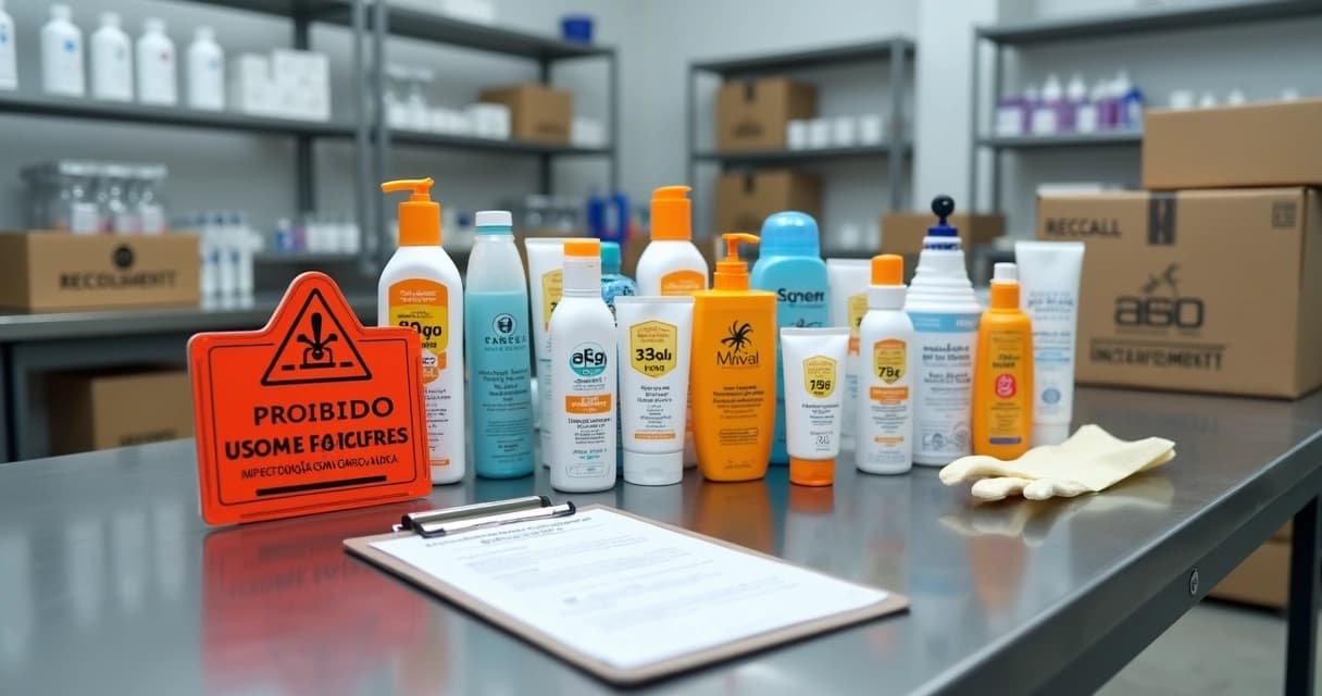 Lote de protetores solares e repelentes em bancada com aviso de produto proibido
