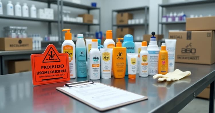 Lote de protetores solares e repelentes em bancada com aviso de produto proibido