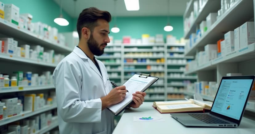 Farmacêutico conferindo estoque de medicamentos com prancheta em farmácia de pequeno porte