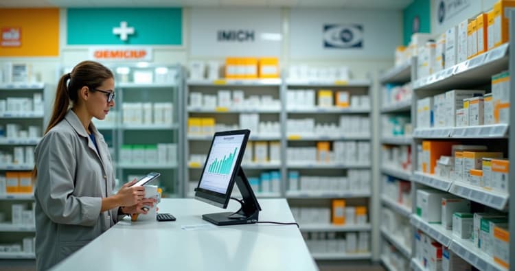 Balcão de farmácia com farmacêutico organizando medicamentos essenciais nas prateleiras