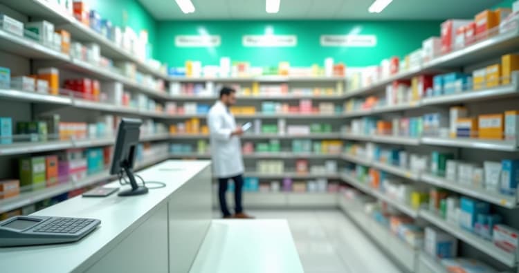 Balcão de farmácia organizado com medicamentos e produtos de higiene