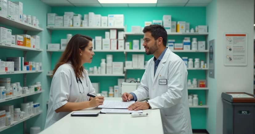 Farmacêutico atendendo cliente em farmácia organizada com foco em boas práticas