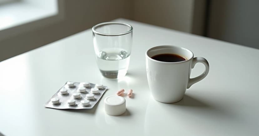 Xícara de café ao lado de cartela de comprimidos sobre uma mesa branca