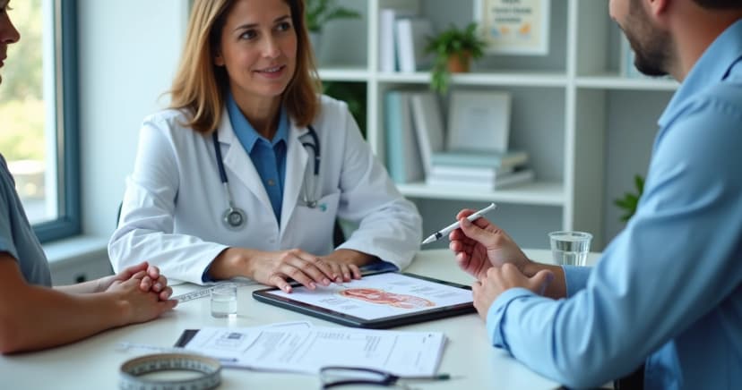 Médico segurando caneta emagrecedora ao lado de paciente em consultório