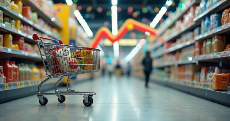 Carrinho de supermercado quase vazio em corredor decorado de Carnaval com gráfico de vendas caindo ao fundo