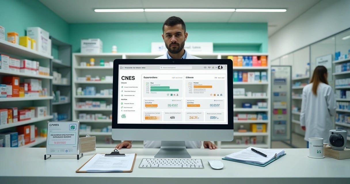 Farmacêutico em balcão de farmácia conferindo dados de CNES no computador com documentos espalhados